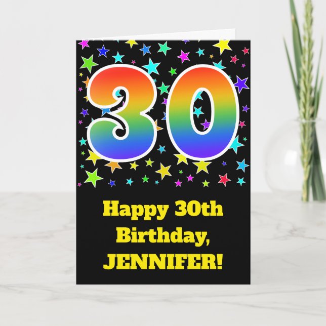 Colorful Stars + Rainbow Pattern "30" Birthday # Card (Front)