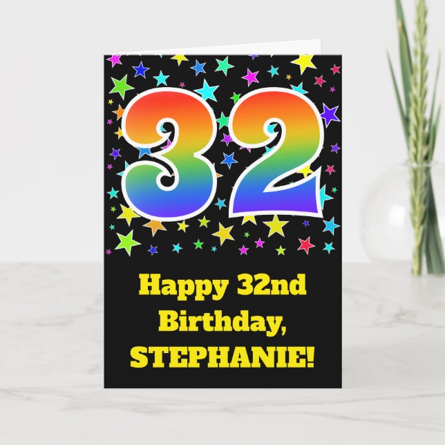 Colorful Stars + Rainbow Pattern "32" Birthday # Card (Front)
