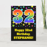 [ Thumbnail: Colorful Stars + Rainbow Pattern "32" Birthday # Card ]