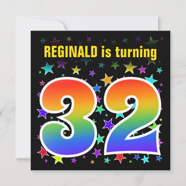 Colorful Stars + Rainbow Pattern "32" Birthday # Invitation (Front)