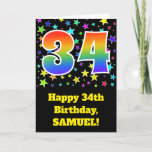 [ Thumbnail: Colorful Stars + Rainbow Pattern "34" Birthday # Card ]