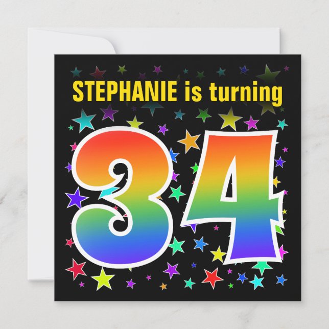 Colorful Stars + Rainbow Pattern "34" Birthday # Invitation (Front)