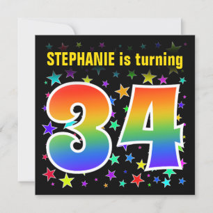 Colorful Stars + Rainbow Pattern "34" Birthday # Invitation