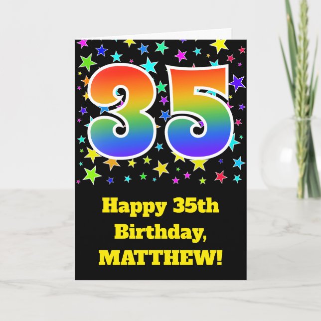 Colorful Stars + Rainbow Pattern "35" Birthday # Card (Front)