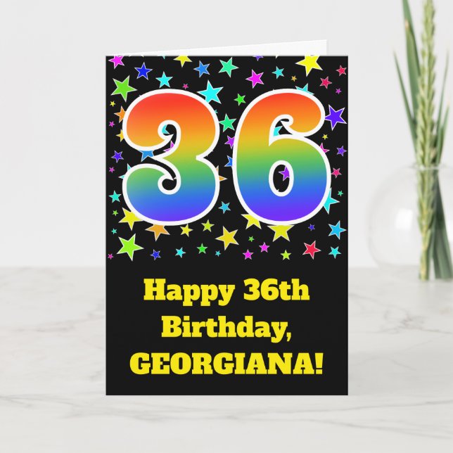 Colorful Stars + Rainbow Pattern "36" Birthday # Card (Front)