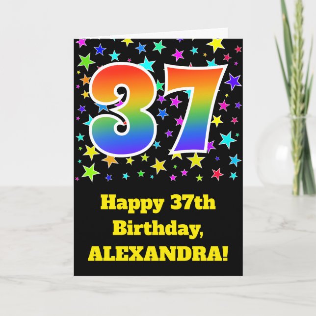Colorful Stars + Rainbow Pattern "37" Birthday # Card (Front)