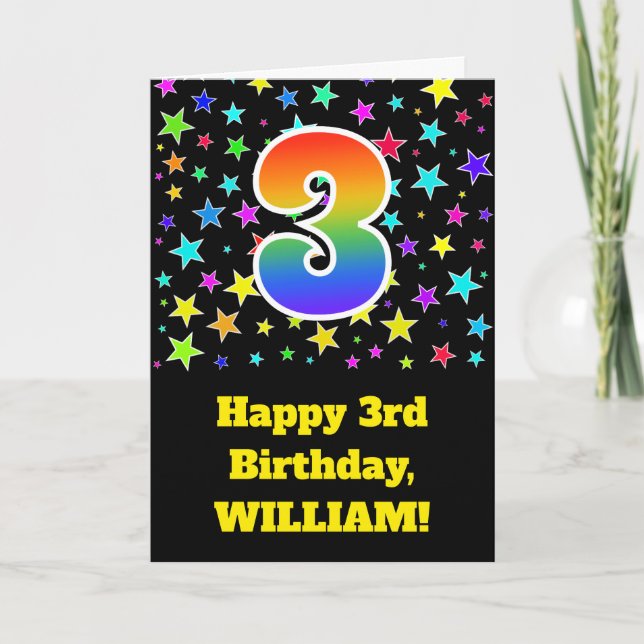 Colorful Stars + Rainbow Pattern "3" Birthday # Card (Front)