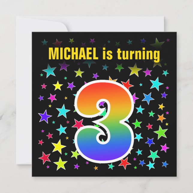 Colorful Stars + Rainbow Pattern "3" Birthday # Invitation (Front)