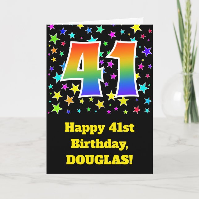 Colorful Stars + Rainbow Pattern "41" Birthday # Card (Front)