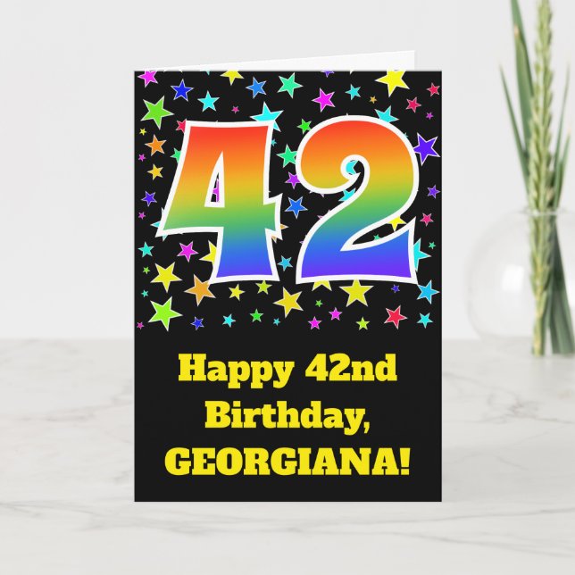 Colorful Stars + Rainbow Pattern "42" Birthday # Card (Front)