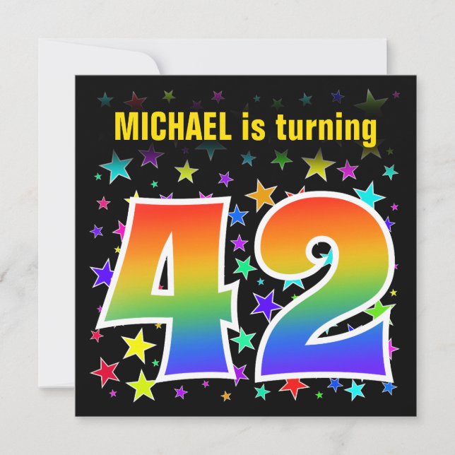 Colorful Stars + Rainbow Pattern "42" Birthday # Invitation (Front)