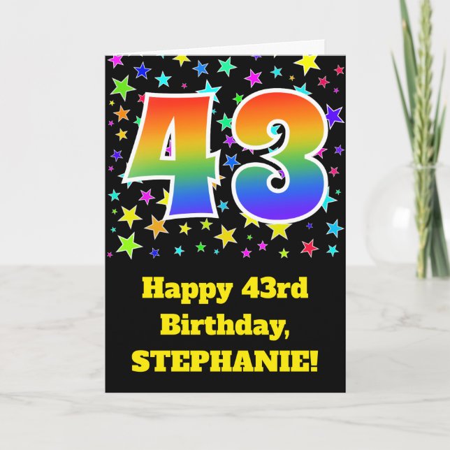 Colorful Stars + Rainbow Pattern "43" Birthday # Card (Front)