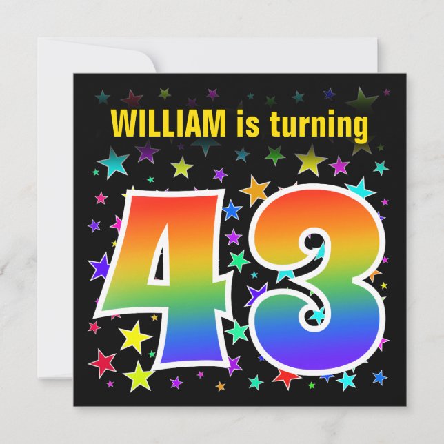 Colorful Stars + Rainbow Pattern "43" Birthday # Invitation (Front)