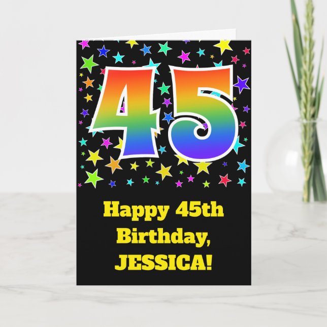 Colorful Stars + Rainbow Pattern "45" Birthday # Card (Front)