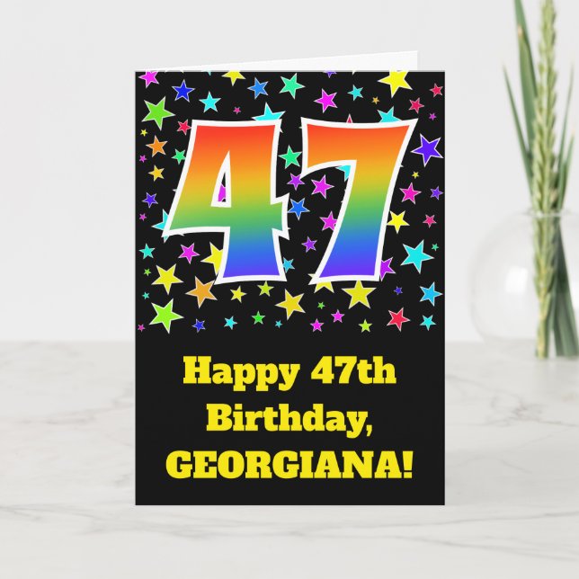 Colorful Stars + Rainbow Pattern "47" Birthday # Card (Front)