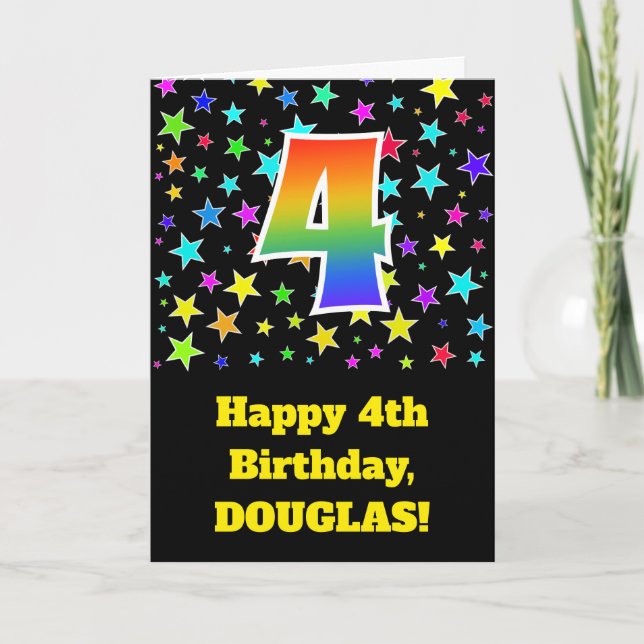 Colorful Stars + Rainbow Pattern "4" Birthday # Card (Front)