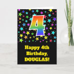[ Thumbnail: Colorful Stars + Rainbow Pattern "4" Birthday # Card ]