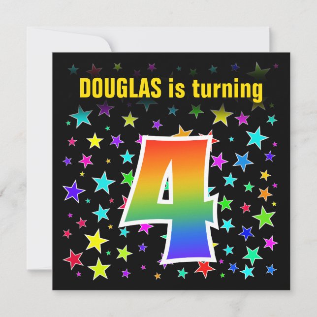 Colorful Stars + Rainbow Pattern "4" Birthday # Invitation (Front)
