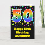 [ Thumbnail: Colorful Stars + Rainbow Pattern "50" Birthday # Card ]