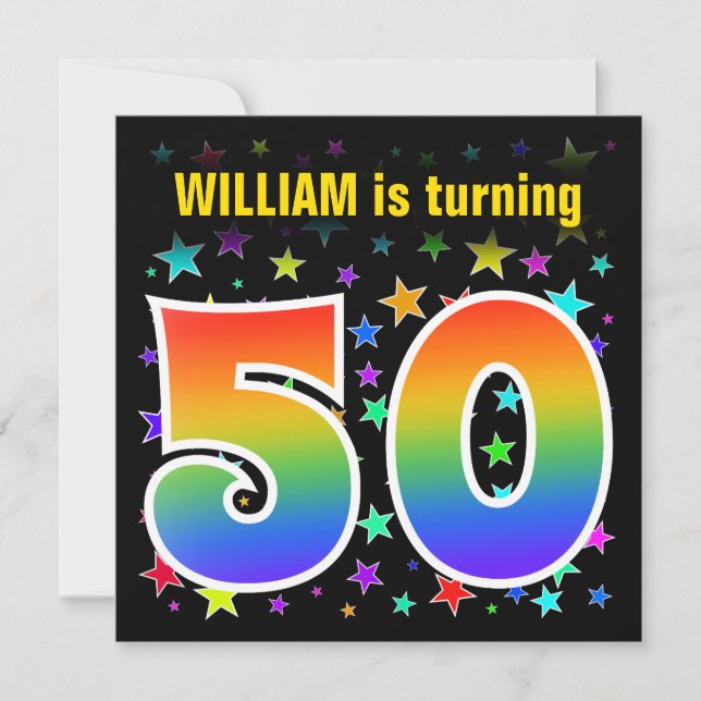 Colorful Stars + Rainbow Pattern "50" Birthday # Invitation (Front)