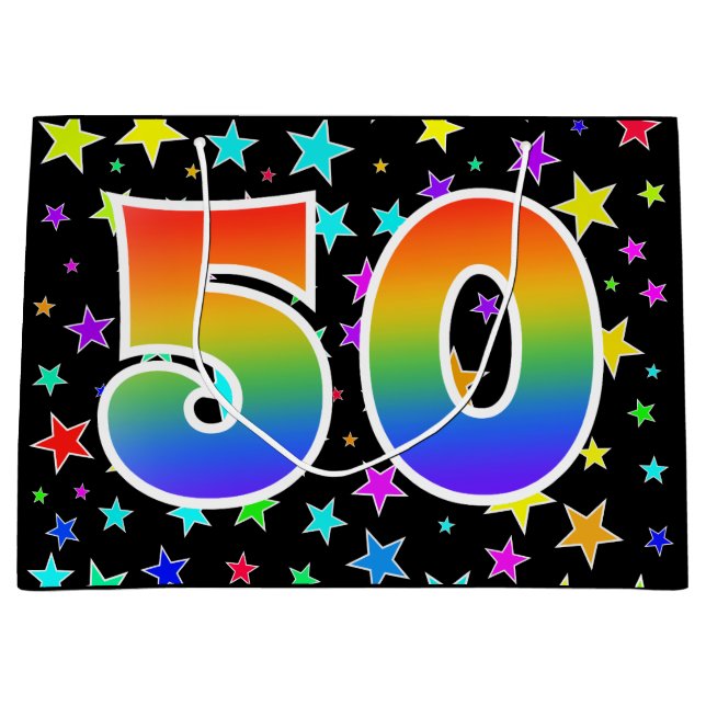Colorful Stars + Rainbow Pattern "50" Event # Large Gift Bag (Front)