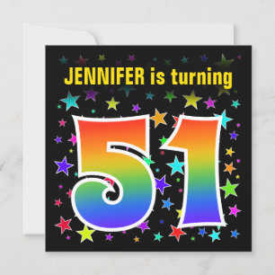 Colorful Stars + Rainbow Pattern "51" Birthday # Invitation