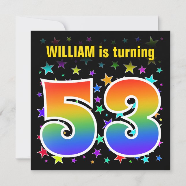 Colorful Stars + Rainbow Pattern "53" Birthday # Invitation (Front)