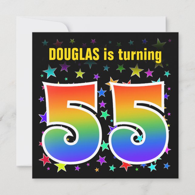 Colorful Stars + Rainbow Pattern "55" Birthday # Invitation (Front)