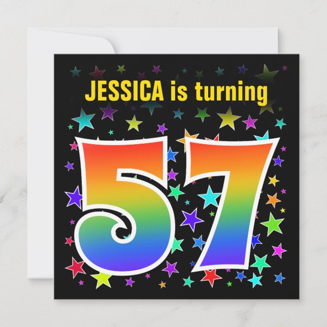 Colorful Stars + Rainbow Pattern "57" Birthday # Invitation (Front)