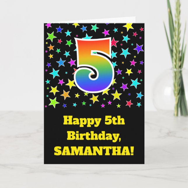 Colorful Stars + Rainbow Pattern "5" Birthday # Card (Front)