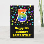 [ Thumbnail: Colorful Stars + Rainbow Pattern "5" Birthday # Card ]
