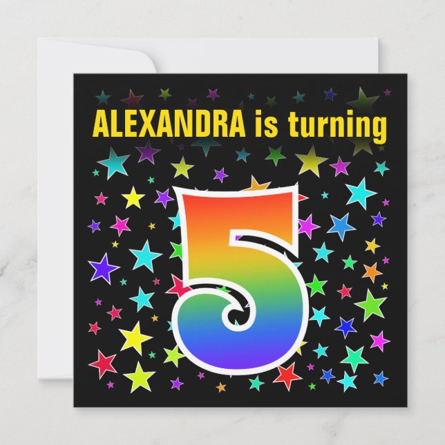 Colorful Stars + Rainbow Pattern "5" Birthday # Invitation (Front)