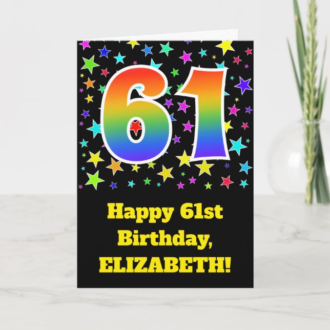 Colorful Stars + Rainbow Pattern "61" Birthday # Card (Front)
