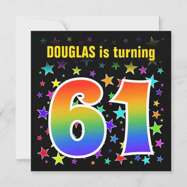 Colorful Stars + Rainbow Pattern "61" Birthday # Invitation (Front)