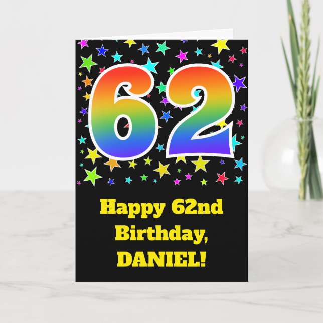 Colorful Stars + Rainbow Pattern "62" Birthday # Card (Front)