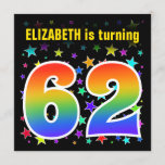 [ Thumbnail: Colorful Stars + Rainbow Pattern "62" Birthday # Invitation ]