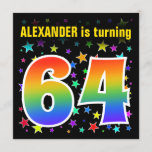 [ Thumbnail: Colorful Stars + Rainbow Pattern "64" Birthday # Invitation ]