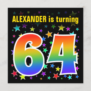 Colorful Stars + Rainbow Pattern "64" Birthday # Invitation