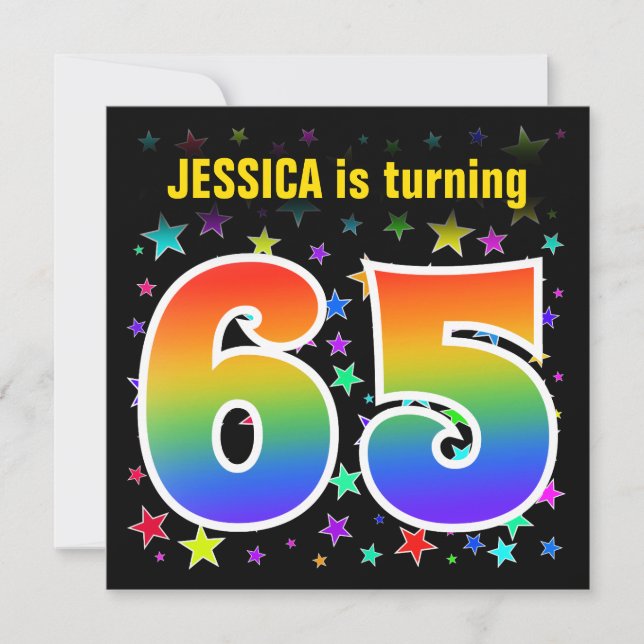 Colorful Stars + Rainbow Pattern "65" Birthday # Invitation (Front)
