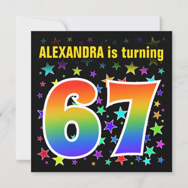 Colorful Stars + Rainbow Pattern "67" Birthday # Invitation (Front)