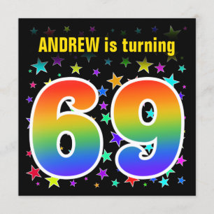 Colorful Stars + Rainbow Pattern "69" Birthday # Invitation