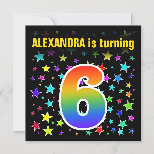 Colorful Stars + Rainbow Pattern "6" Birthday # Invitation (Front)