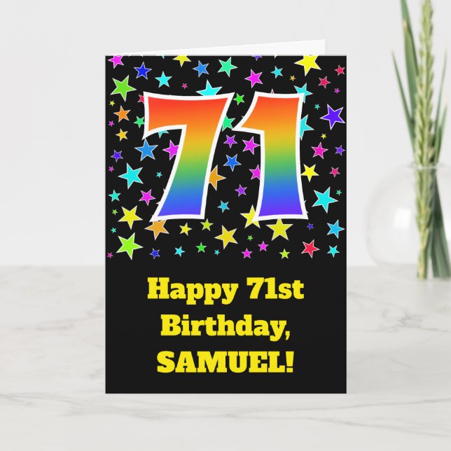 Colorful Stars + Rainbow Pattern "71" Birthday # Card (Front)