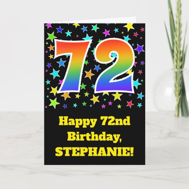 Colorful Stars + Rainbow Pattern "72" Birthday # Card (Front)