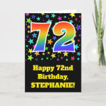 [ Thumbnail: Colorful Stars + Rainbow Pattern "72" Birthday # Card ]