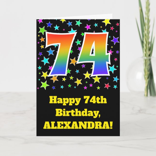 Colorful Stars + Rainbow Pattern "74" Birthday # Card (Front)