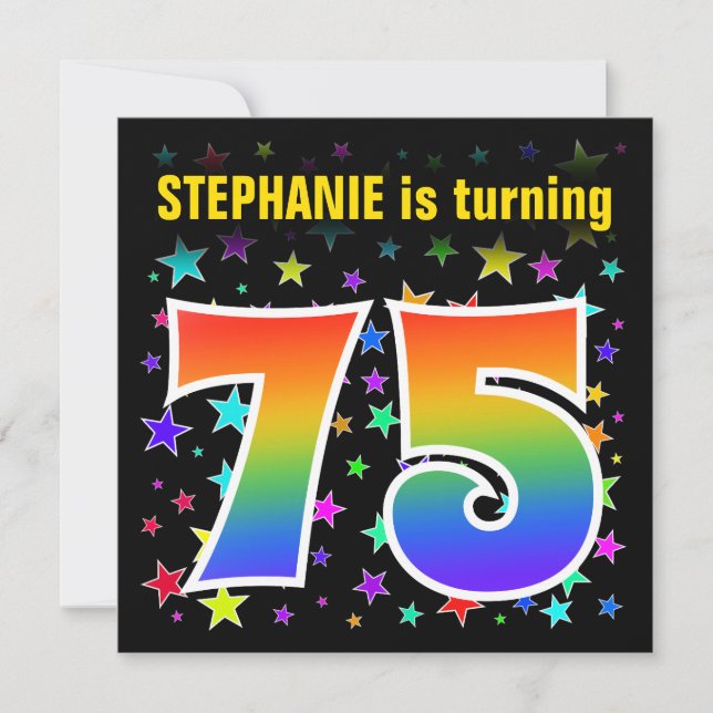 Colorful Stars + Rainbow Pattern "75" Birthday # Invitation (Front)