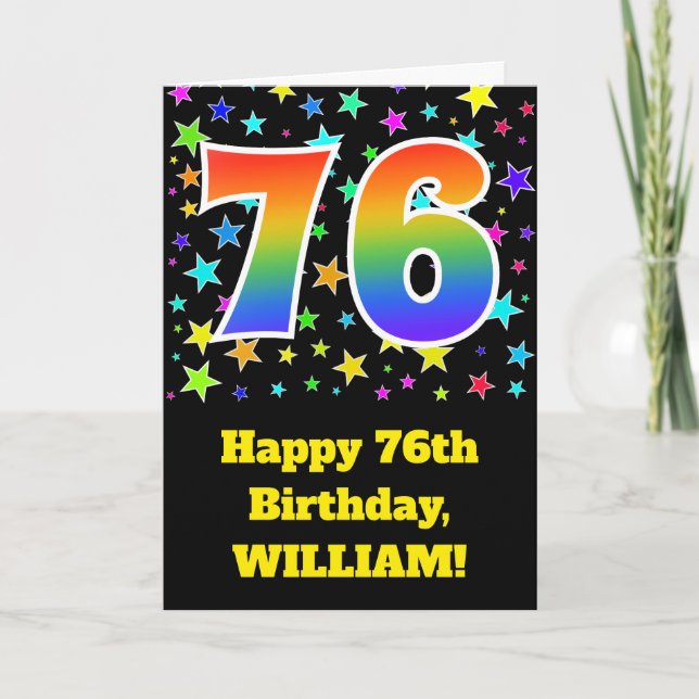 Colorful Stars + Rainbow Pattern "76" Birthday # Card (Front)