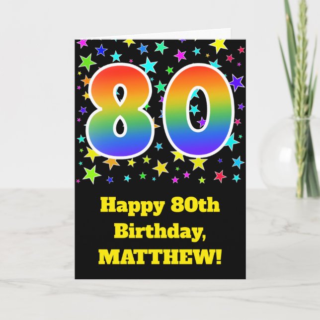 Colorful Stars + Rainbow Pattern "80" Birthday # Card (Front)