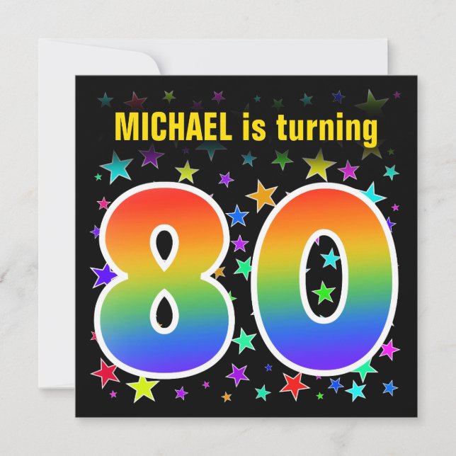 Colorful Stars + Rainbow Pattern "80" Birthday # Invitation (Front)